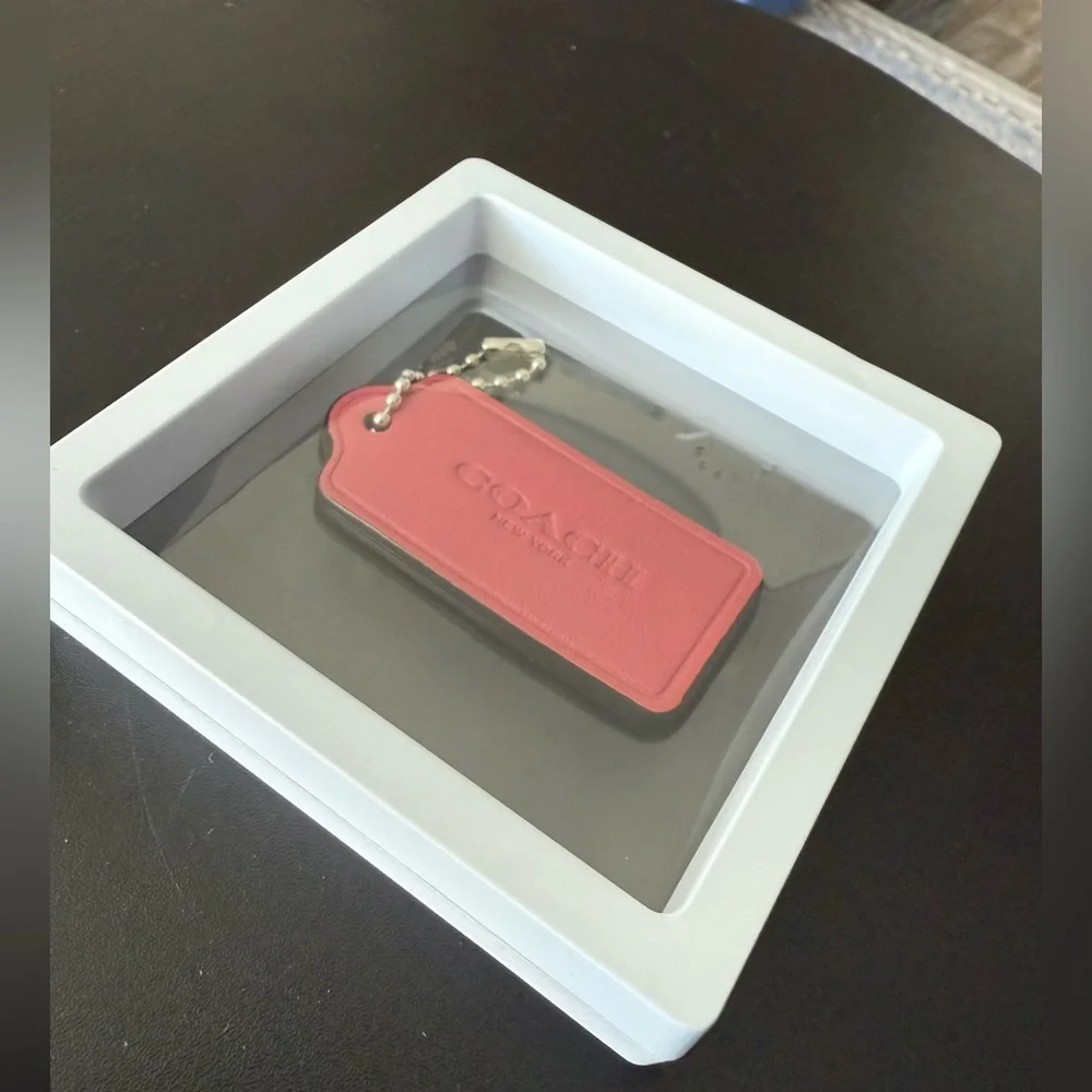 Coach Pink Leather Tag Keychain with Silver Ball Chain